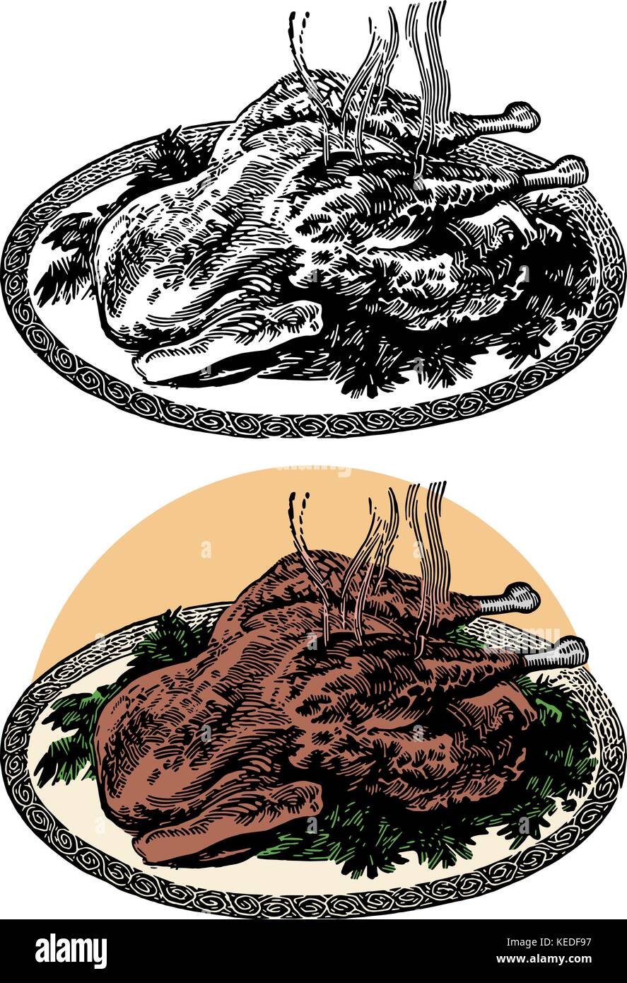 Un tacchino cotto su un piatto per la cena di ringraziamento. Illustrazione Vettoriale