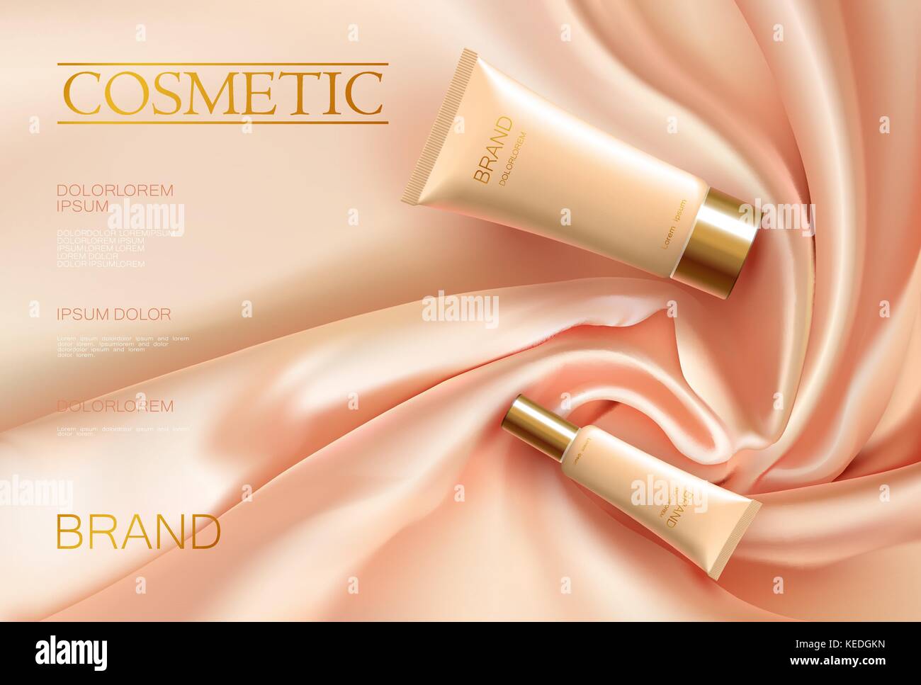 3d realistica tubo cosmetico ad tessuto satin. drappeggi rosa seta color beige propotional modello poster. golden set di pacchetti illustrazione vettoriale Illustrazione Vettoriale