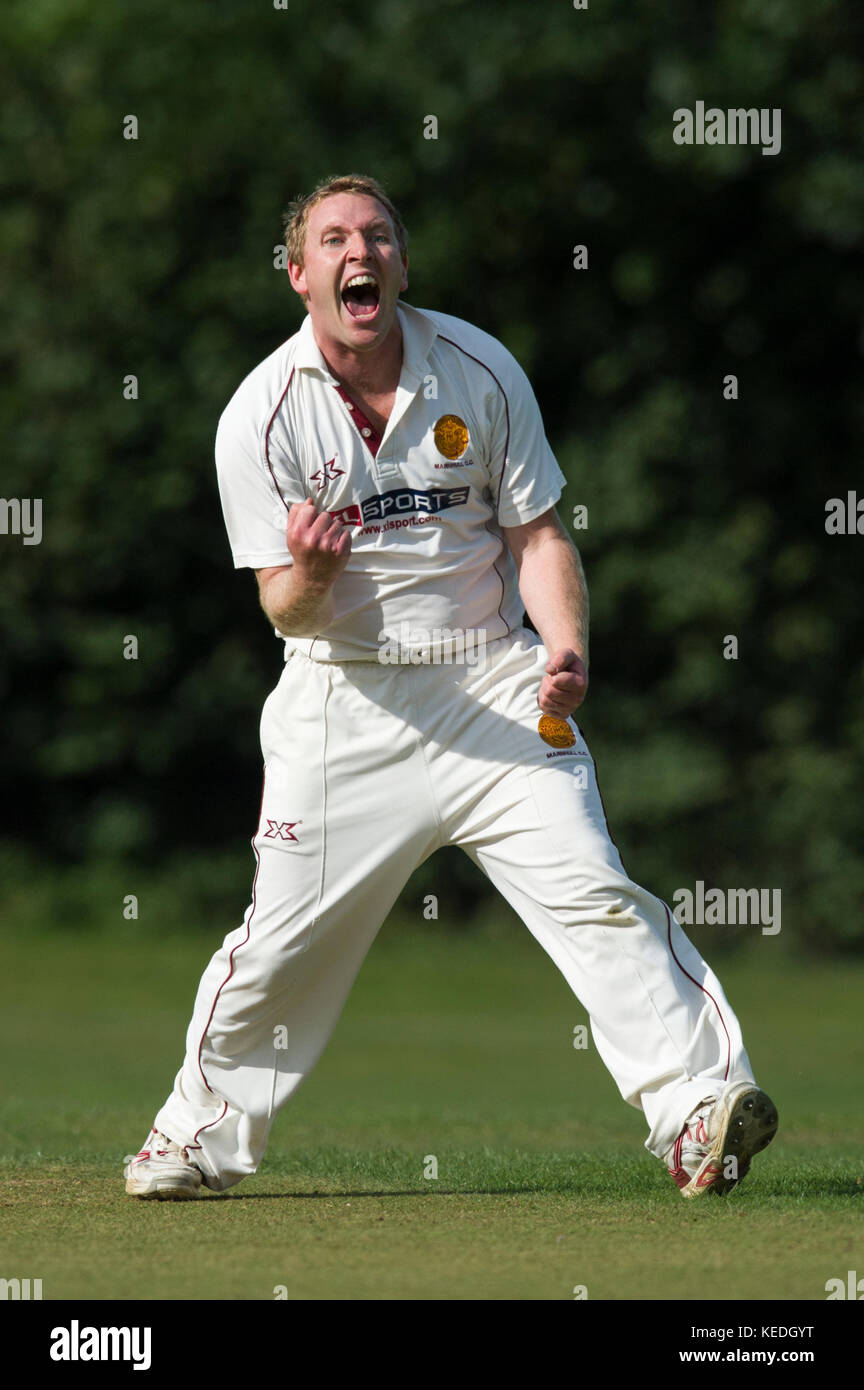Bowler celebrando lbw decisione. Foto Stock