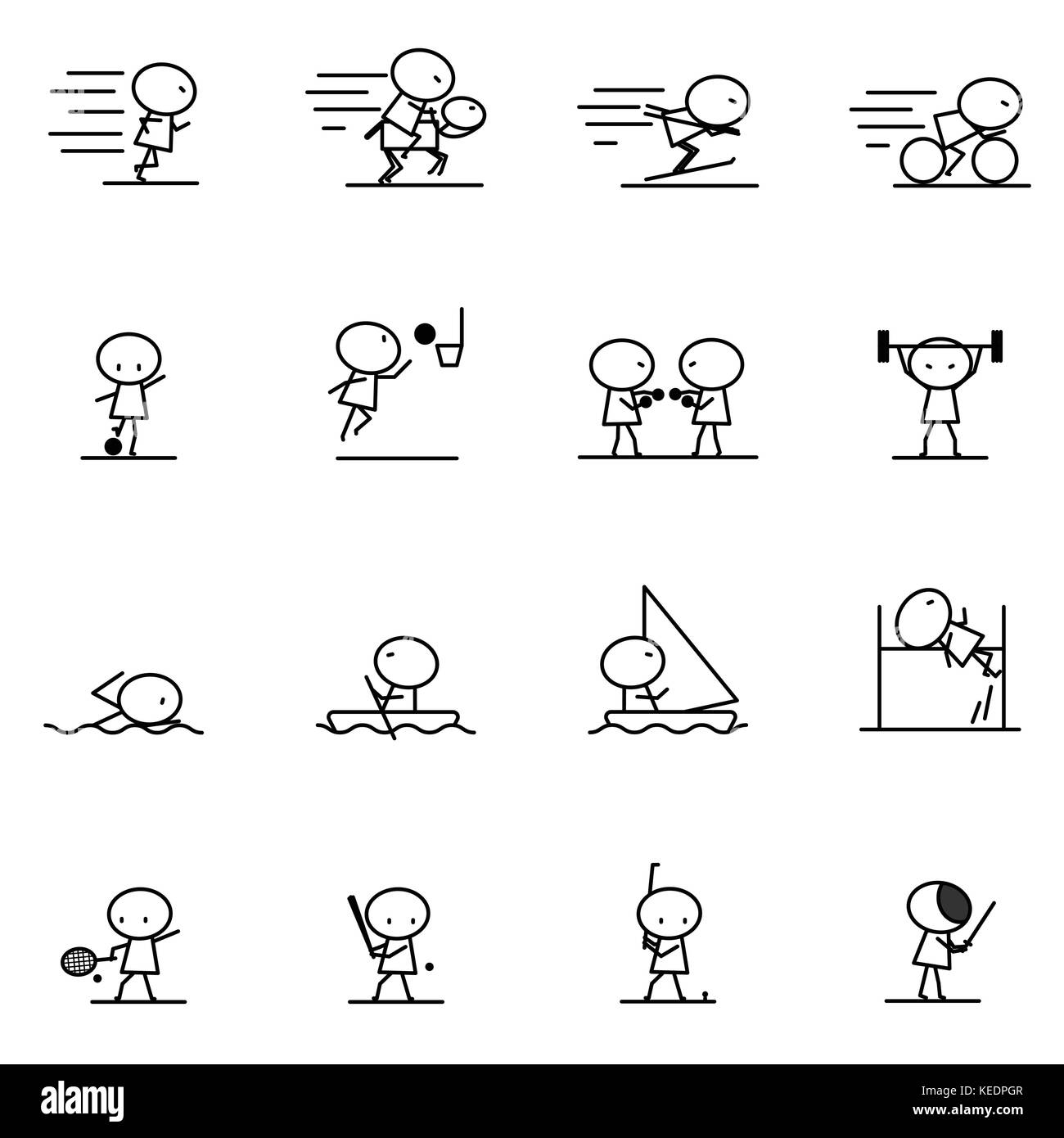 Set di cartoon semplice riga carattere in azione di varietà di sport concetto per vector graphic design Illustrazione Vettoriale