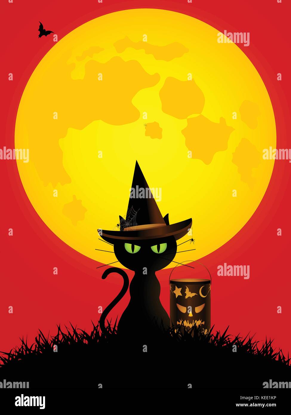 Sfondo di halloween con spooky cat con hat lanterna e grande luna gialla su rosso Illustrazione Vettoriale