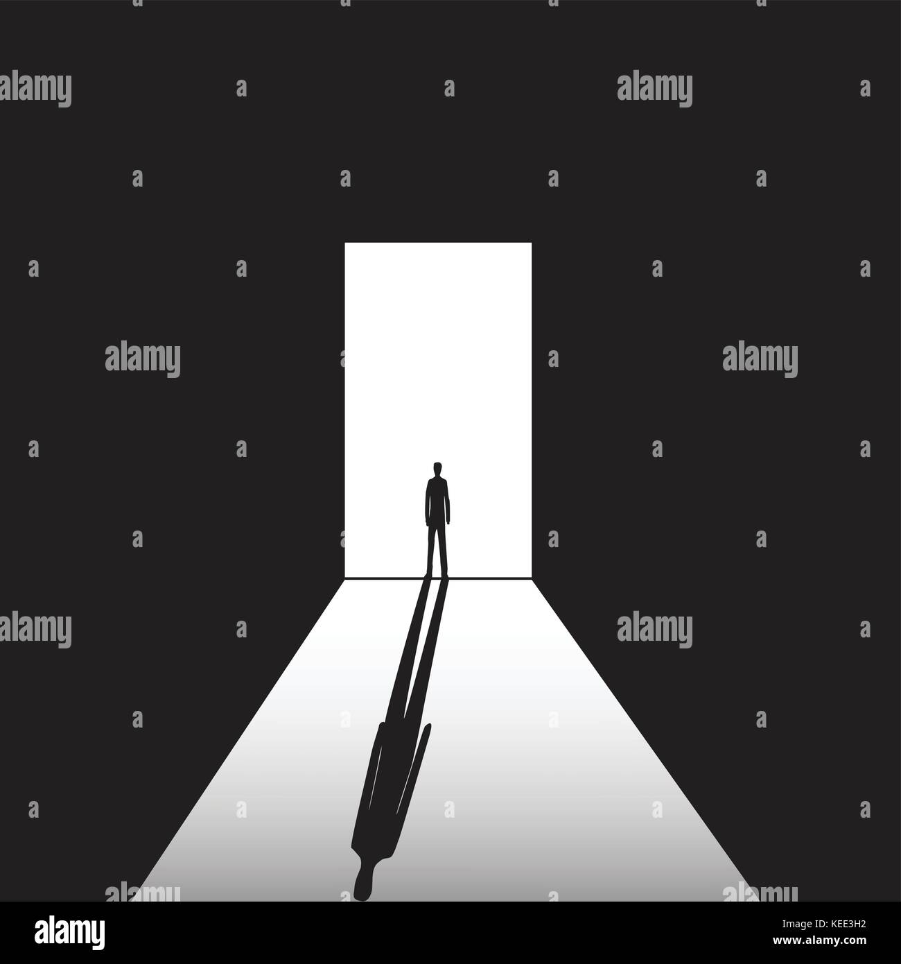 Uomo in piedi sul luminoso e lo sfondo scuro nel portale con ombra Illustrazione Vettoriale