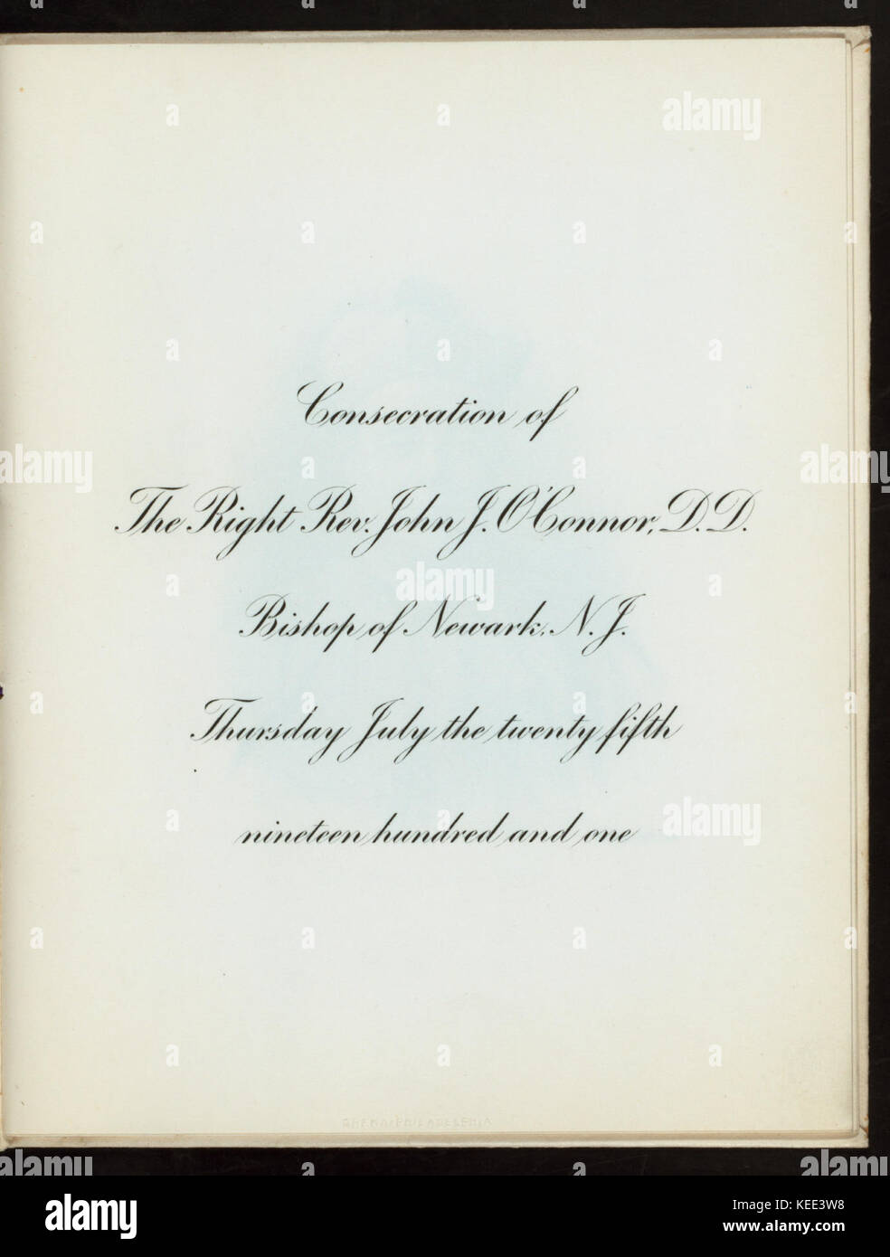 La consacrazione del diritto REV. JOHN O'Connor, D.D. Vescovo di NEWARK NJ (detenute da) CHIESA CATTOLICA (a) KRUGER AUDITORIUM, Newark, NJ (CLUB PRIVATO;) (NYPL ADE 277126 4000014695) Foto Stock