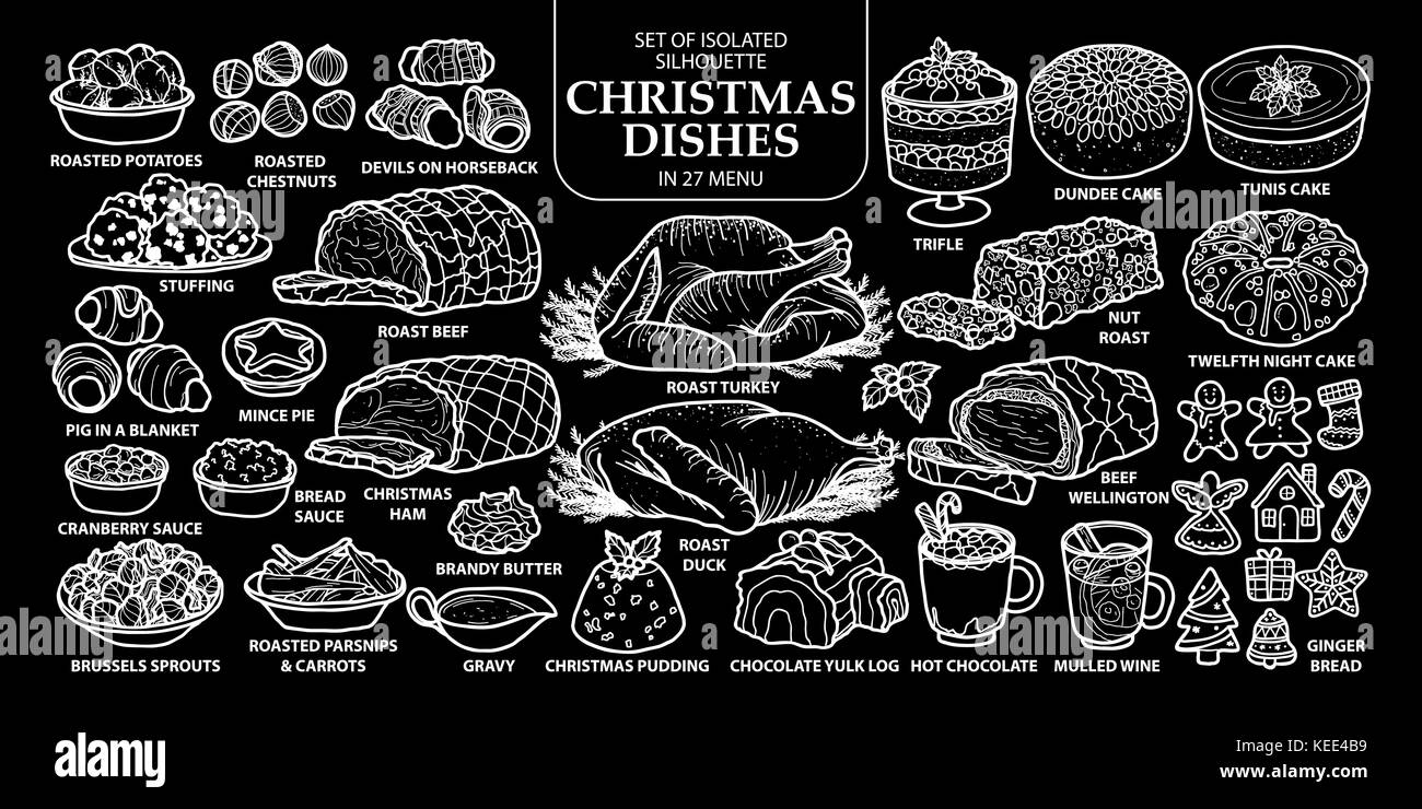Menu Di Natale In Inglese.Set Di Isolato Di Stile Inglese Tradizionale Natale Piatti In 27 Menu Carino Disegnato A Mano Cibo Illustrazione Vettoriale Nel Profilo Bianco Su Sfondo Nero Immagine E Vettoriale Alamy