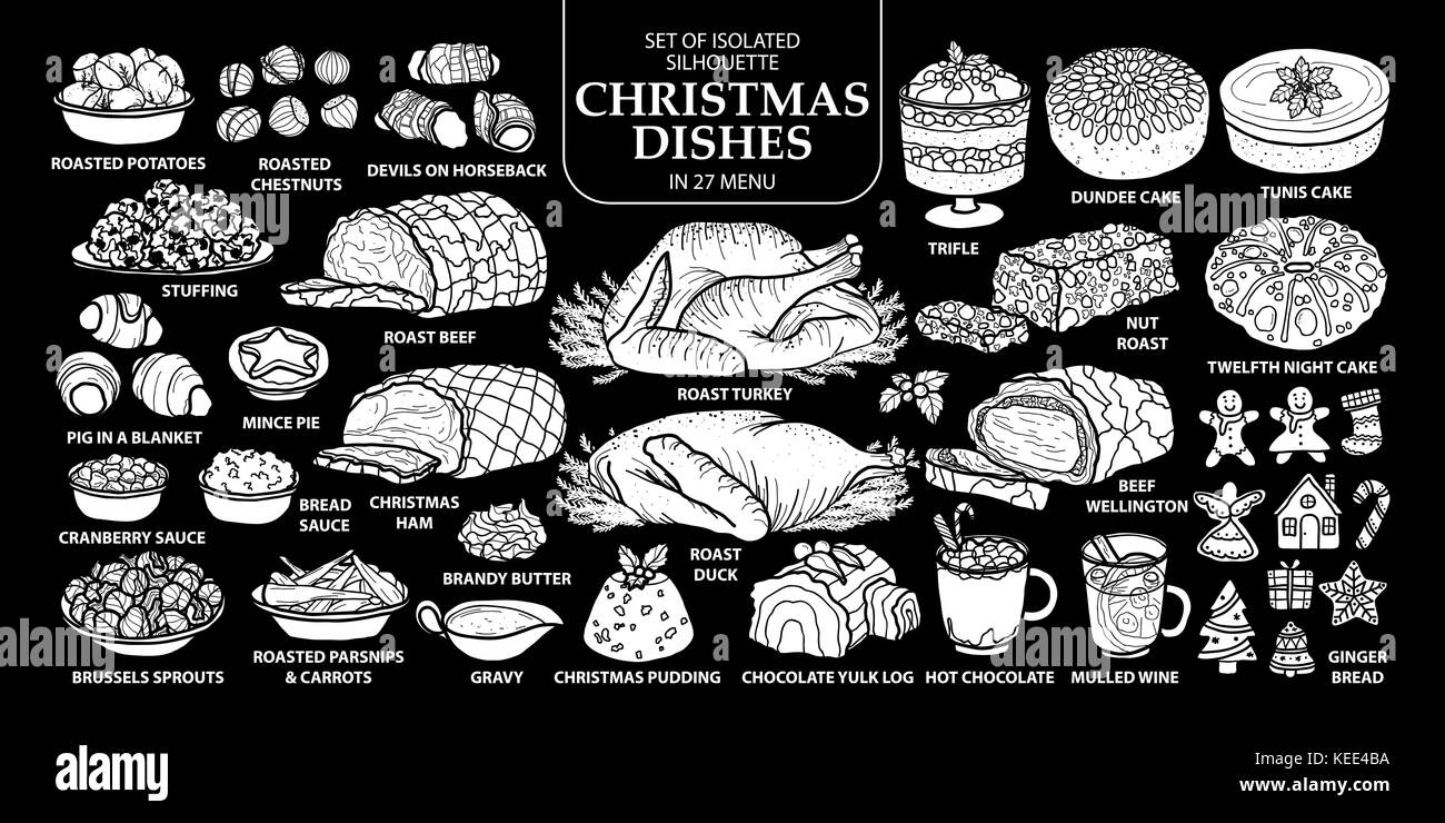 Menu Di Natale In Inglese.Set Di Isolato Silhouette Bianca Di Stile Inglese Tradizionale Natale Piatti In 27 Menu Carino Disegnato A Mano Cibo Illustrazione Vettoriale Nel Piano Bianco E N Immagine E Vettoriale Alamy