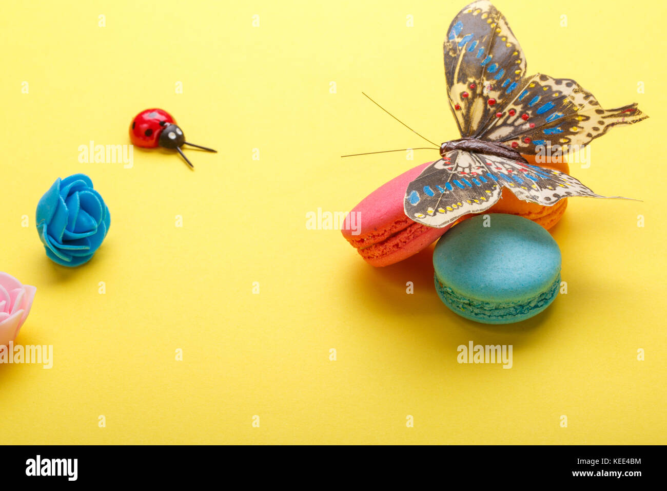 Una foto di vari macarons e una farfalla, rose, ladybug. shot dal di sopra, su uno sfondo giallo con un posto per il testo Foto Stock