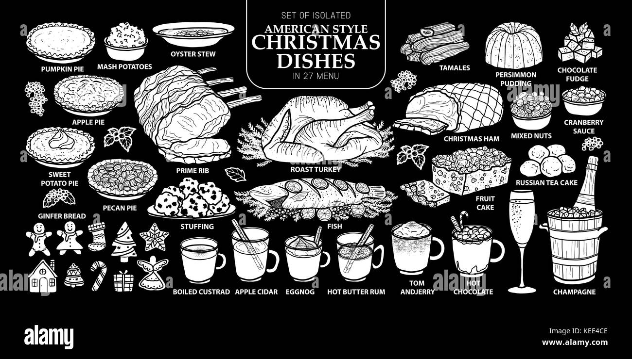 Set di isolato silhouette bianca stile americano tradizionale Natale piatti in 27 menu. carino disegnato a mano cibo illustrazione vettoriale nel piano bianco e n Illustrazione Vettoriale