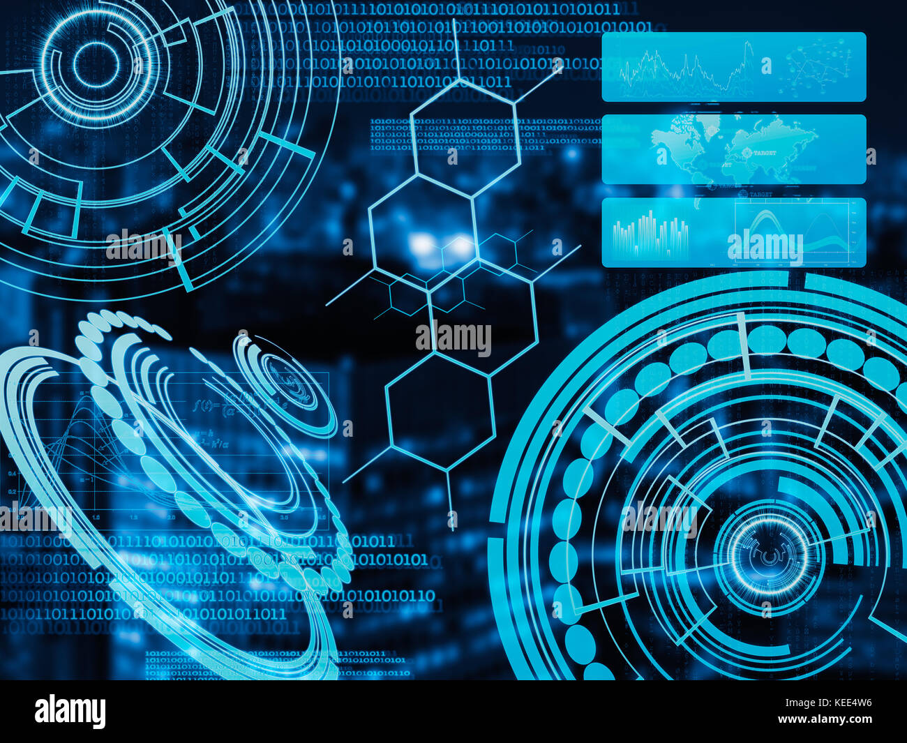 Cyber hud utilizzato come elettronica e futuristica interfaccia touch luce laser su sfondo della città Foto Stock