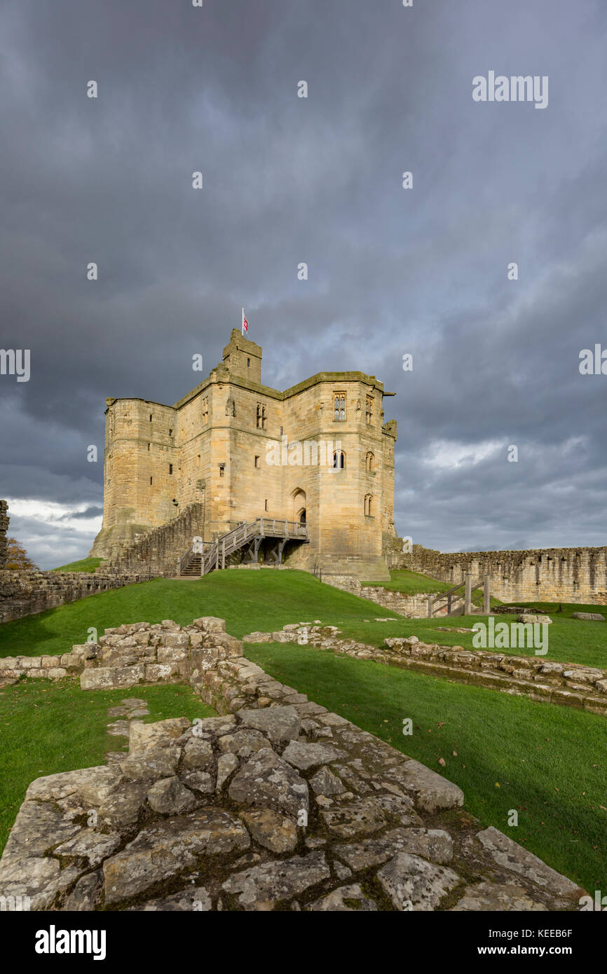 Il castello di Warkworth nella luce del pomeriggio, Warkworth, Northumberland, England, Regno Unito Foto Stock
