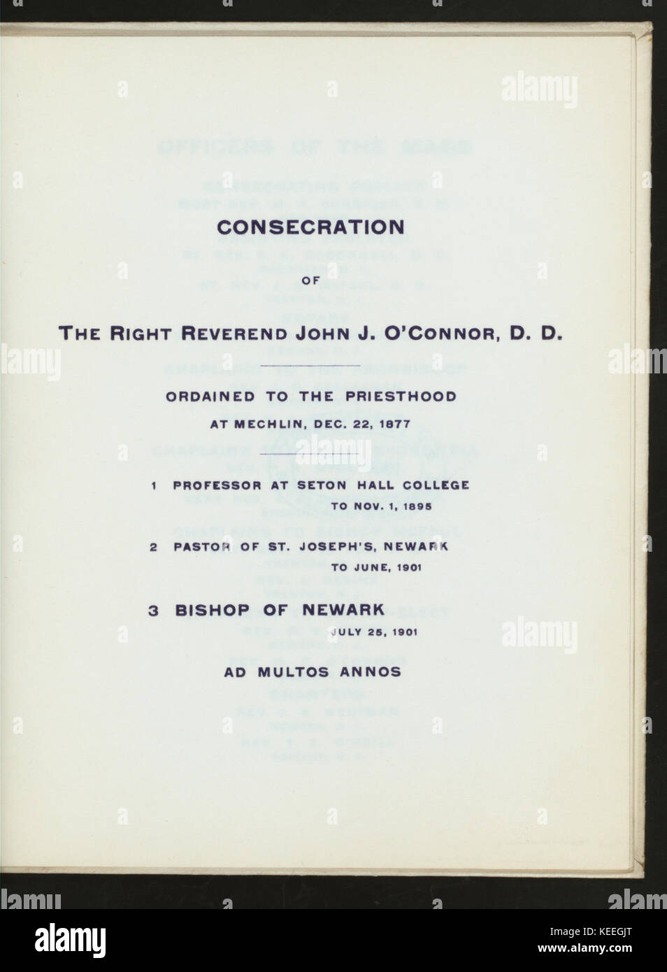 La consacrazione del diritto REV. JOHN O'Connor, D.D. Vescovo di NEWARK NJ (detenute da) CHIESA CATTOLICA (a) KRUGER AUDITORIUM, Newark, NJ (CLUB PRIVATO;) (NYPL ADE 277126 4000014699) Foto Stock