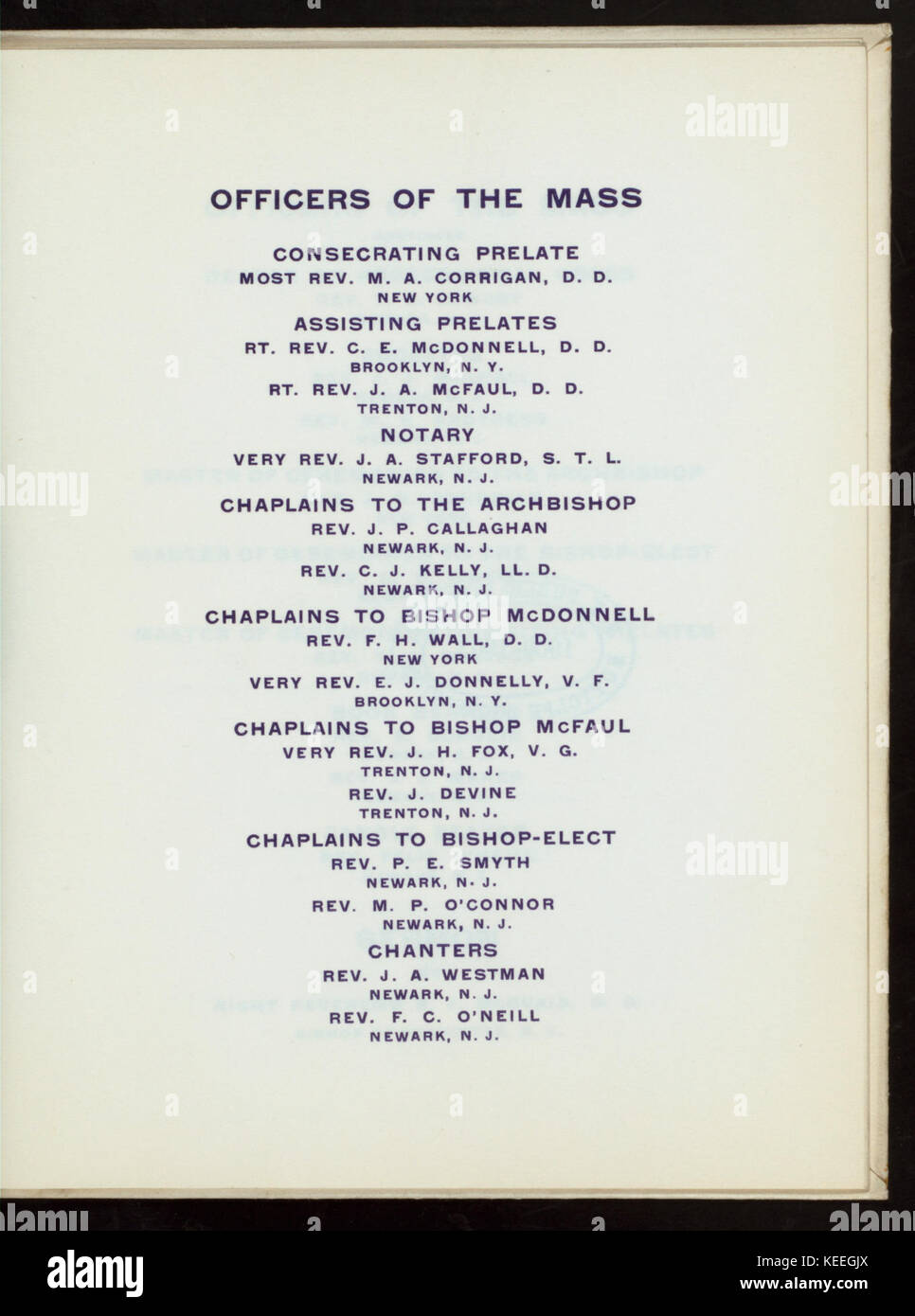 La consacrazione del diritto REV. JOHN O'Connor, D.D. Vescovo di NEWARK NJ (detenute da) CHIESA CATTOLICA (a) KRUGER AUDITORIUM, Newark, NJ (CLUB PRIVATO;) (NYPL ADE 277126 4000014701) Foto Stock