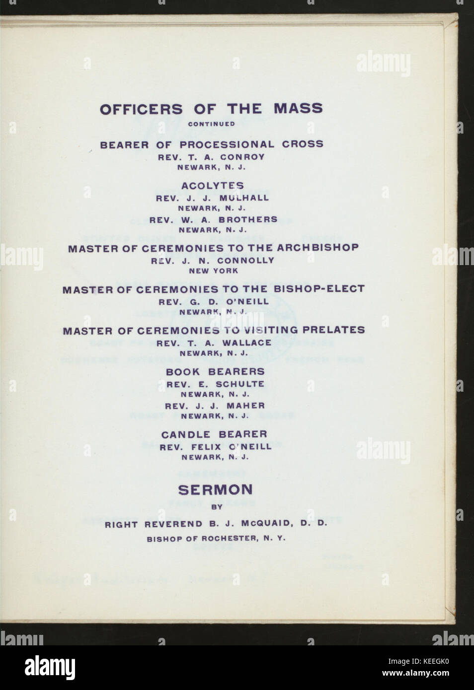 La consacrazione del diritto REV. JOHN O'Connor, D.D. Vescovo di NEWARK NJ (detenute da) CHIESA CATTOLICA (a) KRUGER AUDITORIUM, Newark, NJ (CLUB PRIVATO;) (NYPL ADE 277126 4000014703) Foto Stock