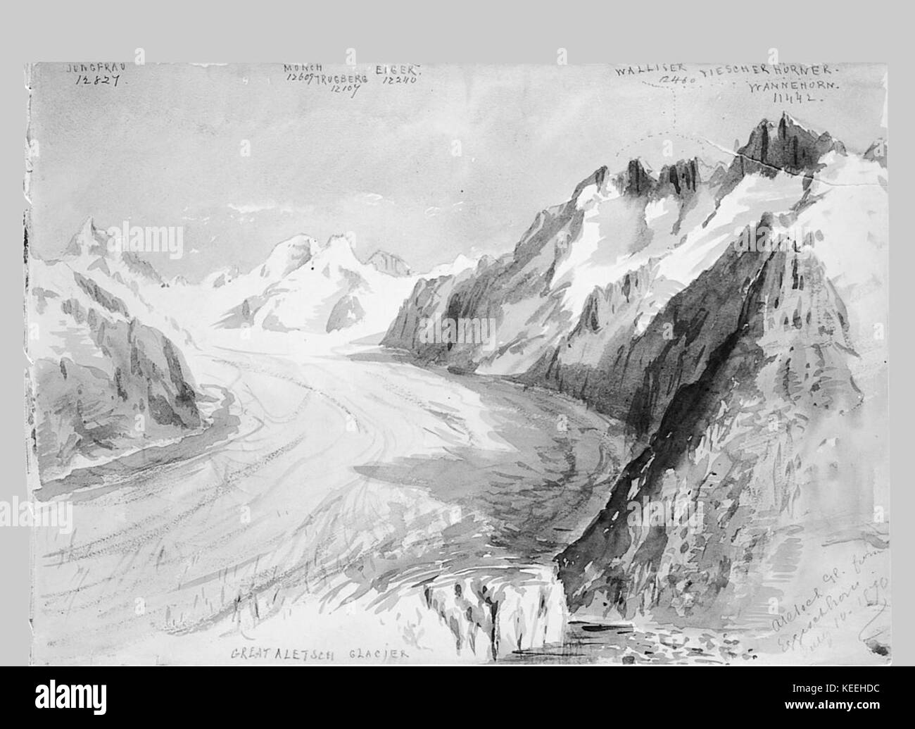 Ghiacciaio di Aletsch dal Eggishorn (dalla splendida Montagna acquerelli Sketchbook) soddisfatte 50.130.146t Foto Stock