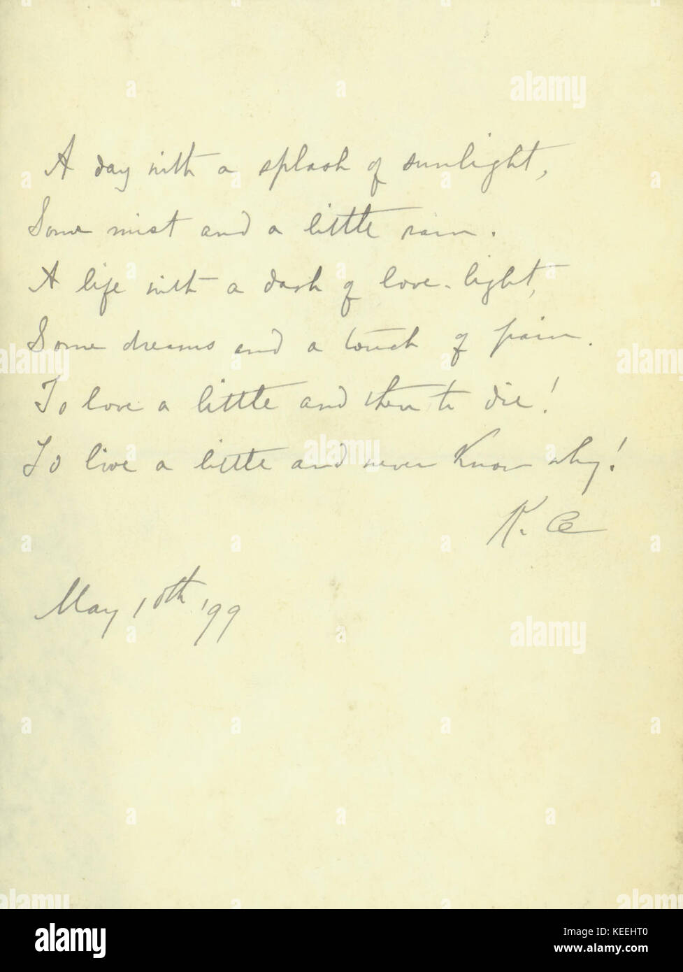 Manoscritto originale del poema, un giorno con una spruzzata di maggio (progetto di due), di Kate Chopin, 1899 Foto Stock