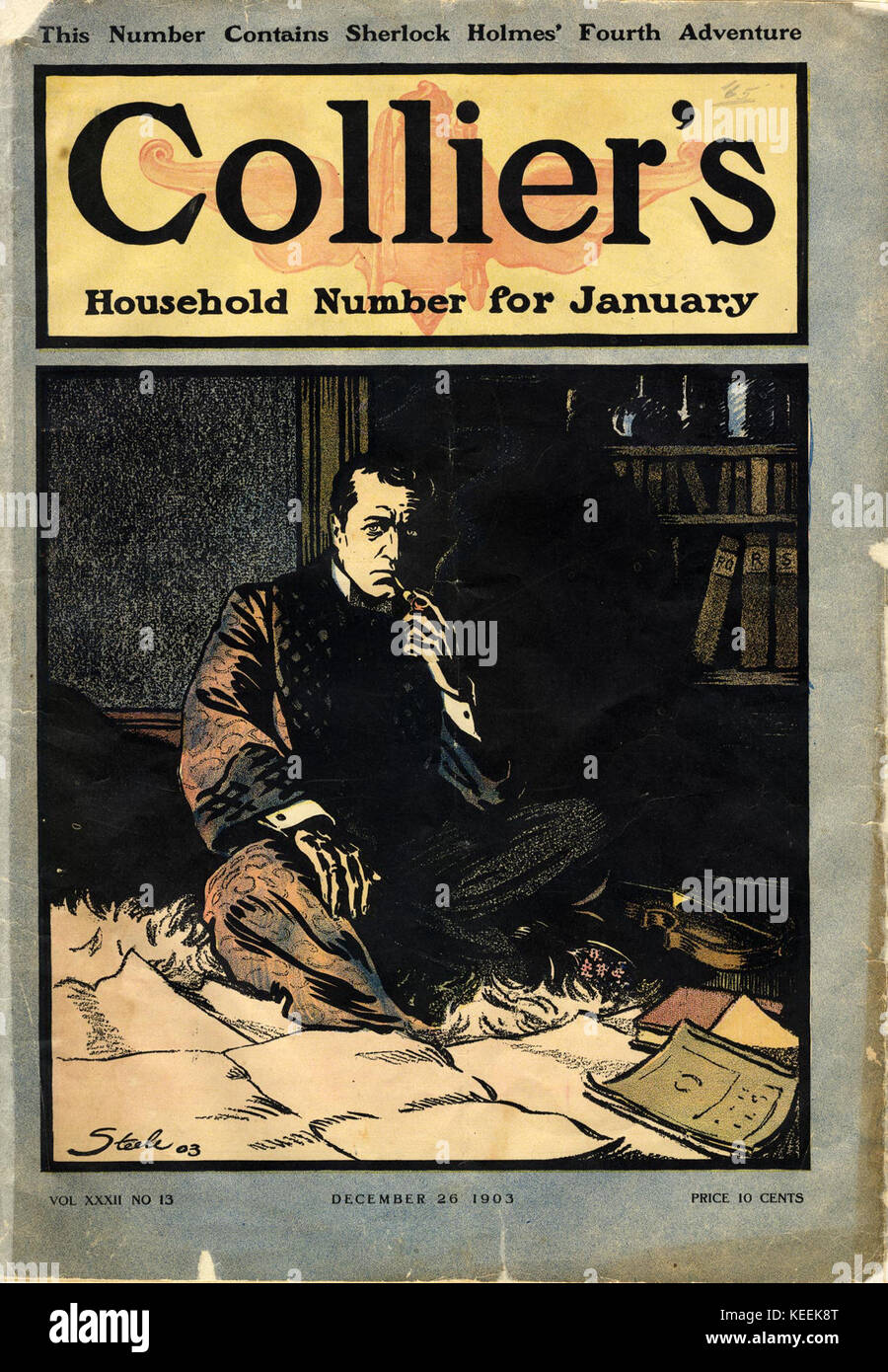 Questa illustrazione è apparsa su Collier's Weekly nel gennaio 1903, con *The Adventure of the Solitary Cyclist*, una storia di Sherlock Holmes. L’illustrazione corrisponde ai temi del mistero e dell’indagine della storia. Foto Stock