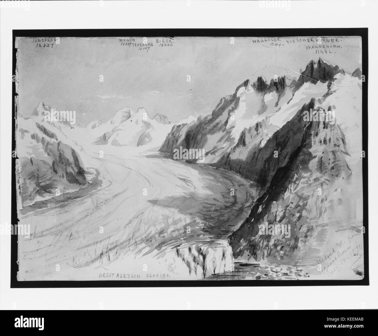 Ghiacciaio di Aletsch dal Eggishorn (dalla splendida Montagna acquerelli Sketchbook) soddisfatte 219192 Foto Stock
