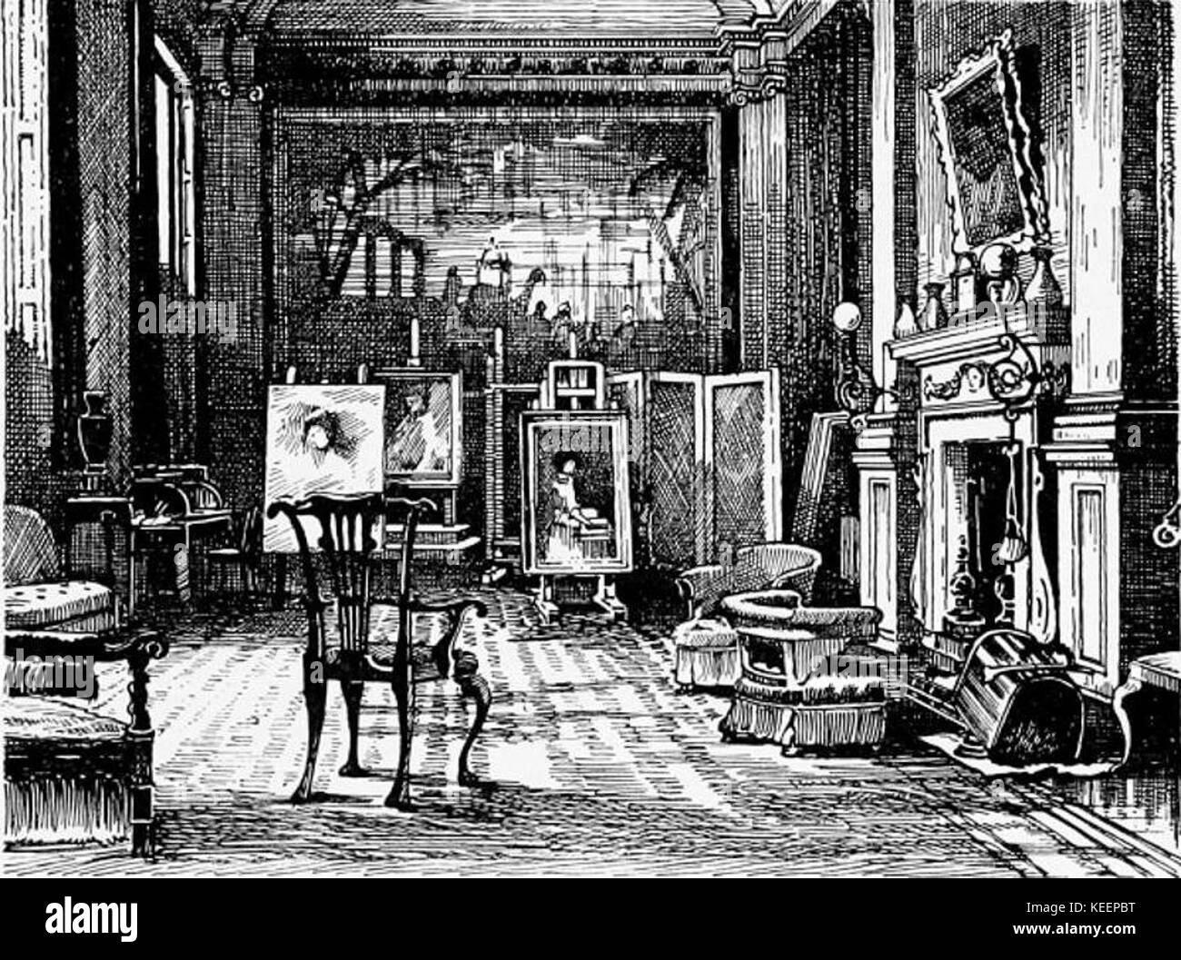 Questo disegno, pubblicato su The Graphic nell'aprile 1877, raffigura lo studio dell'artista John Everett Millais a Palace Gate. Offre uno sguardo sullo spazio di lavoro di uno dei principali pittori preraffaelliti dell'epoca vittoriana. Foto Stock