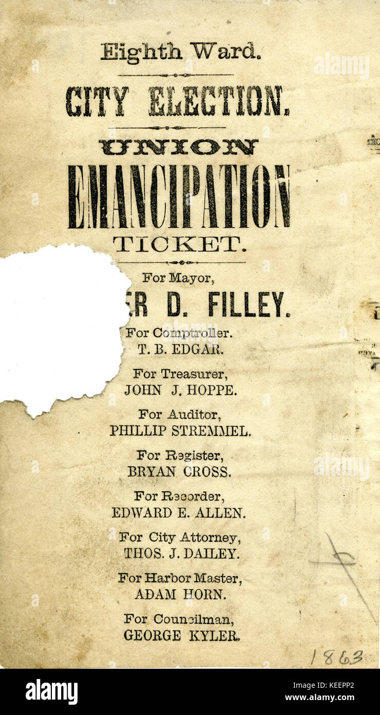 Partito politico biglietto (St. Louis) Ottavo Ward. Elezione della città. Unione Biglietto di emancipazione, 1863 Foto Stock