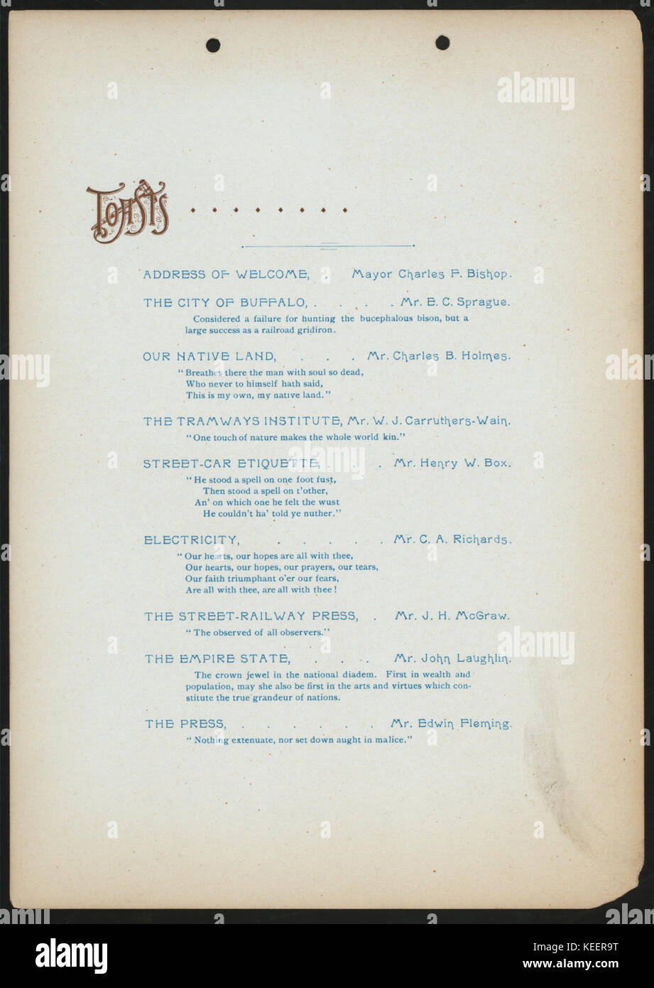 Questa fotografia raffigura il nono banchetto annuale della American Street Railway Association, tenutosi all'Hotel Iroquois di Buffalo, New York. L'evento, un importante raduno di professionisti dei trasporti, mostra lo sviluppo delle ferrovie stradali negli Stati Uniti all'inizio del XX secolo Foto Stock