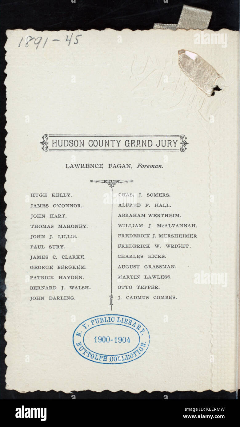 La cena ospitata dalla Hudson County Grand Jury all'Hotel Washington di Jersey City è catturata in questo riferimento storico. Probabilmente evidenzia un evento formale che coinvolge la comunità legale o civica locale all'inizio del XX secolo. Foto Stock