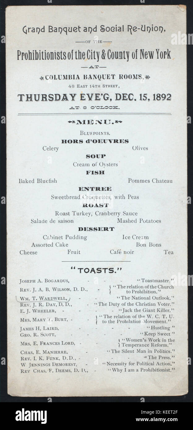 Grande BANCHETTO E RE SOCIALE EUROPEA (detenute da) PROIBIZIONISTI DELLA CITTÀ E DELLA CONTEA DI NEW YORK (a) COLUMBIA SALE BANCHETTI,(NEW YORK) (NYPL ADE 270183 474833) Foto Stock