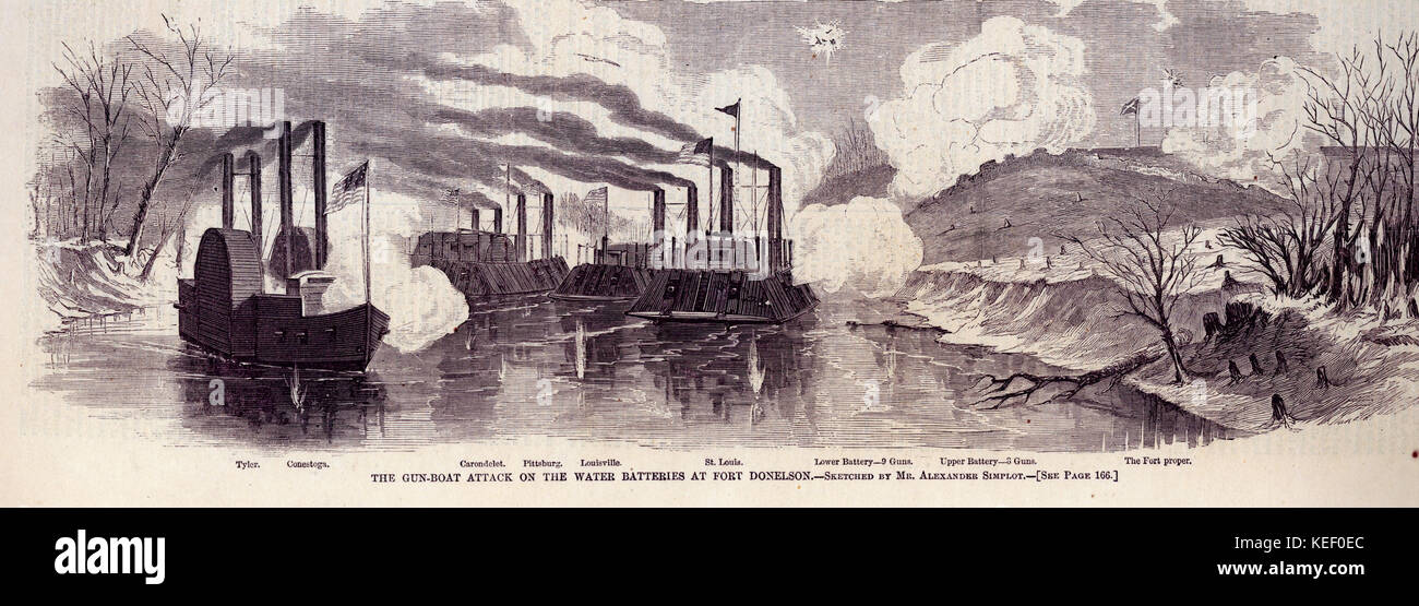 La pistola di attacco in barca in acqua le batterie a Fort Donelson. Foto Stock