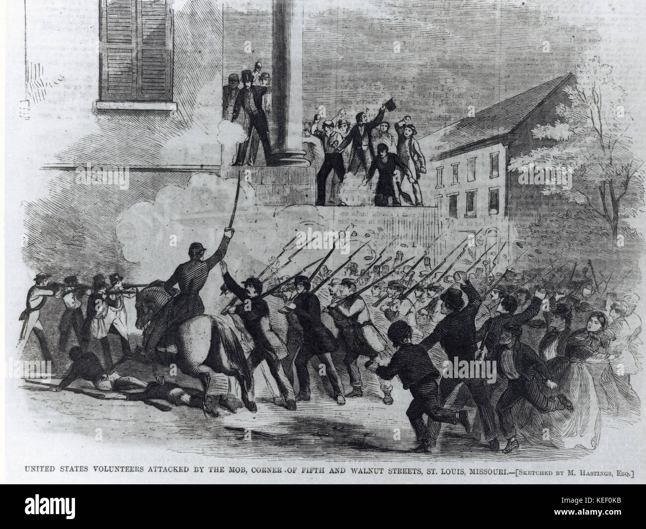 Stati Uniti volontari attaccati dalla mafia, all'angolo tra la quinta e la strade di noce, St. Louis, Missouri. Foto Stock