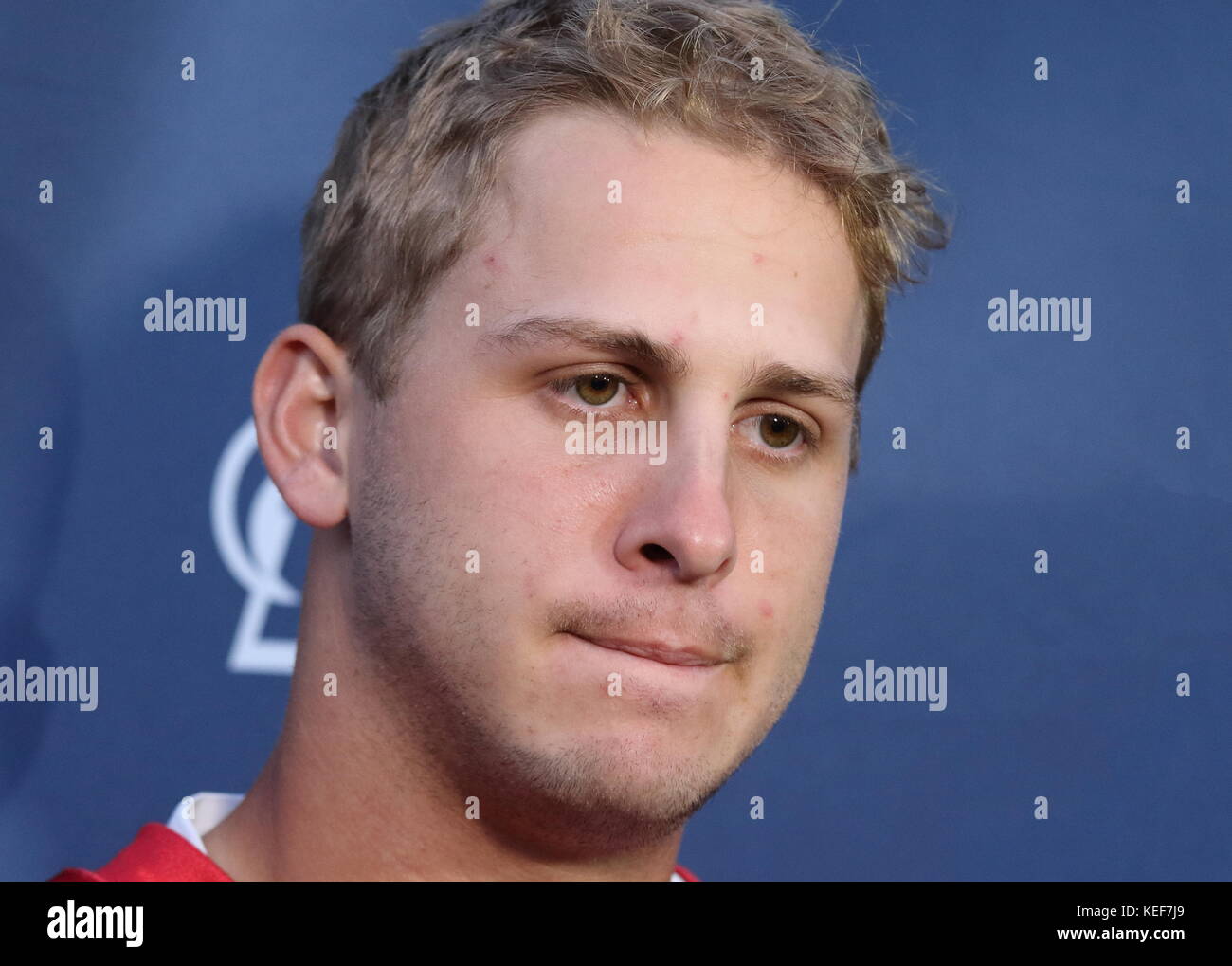 Londra, Regno Unito. Xx oct, 2017. quarterback jared goff presso il Los Angeles rams conferenza stampa e prassi a pennyhill park, Bagshot, davanti a loro nfl uk international series gioco vs Arizona Cardinals a Twickenham Stadium, Londra, UK, 20 ottobre 2017 foto di Keith mayhew credito: keith mayhew/alamy live news Foto Stock