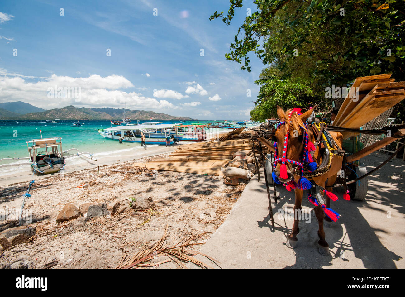 Gili Air, Indonesiano tradizionale imbarcazione attraccata fino, isole Gili, Indonesia, Asia sud-orientale, Asia Foto Stock