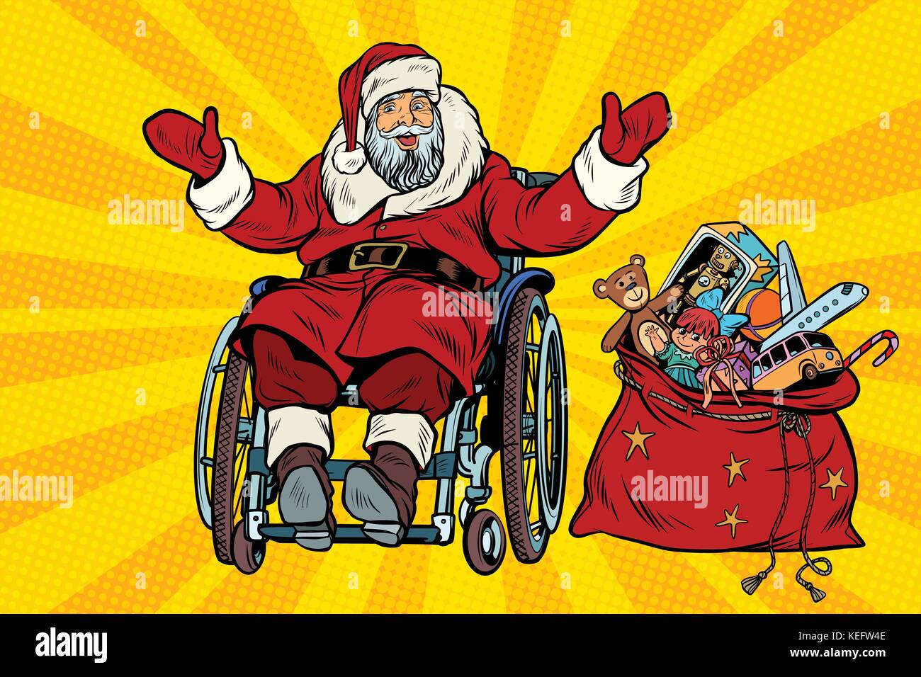 Disabilitato santa claus è in una sedia a rotelle e i regali di natale Illustrazione Vettoriale