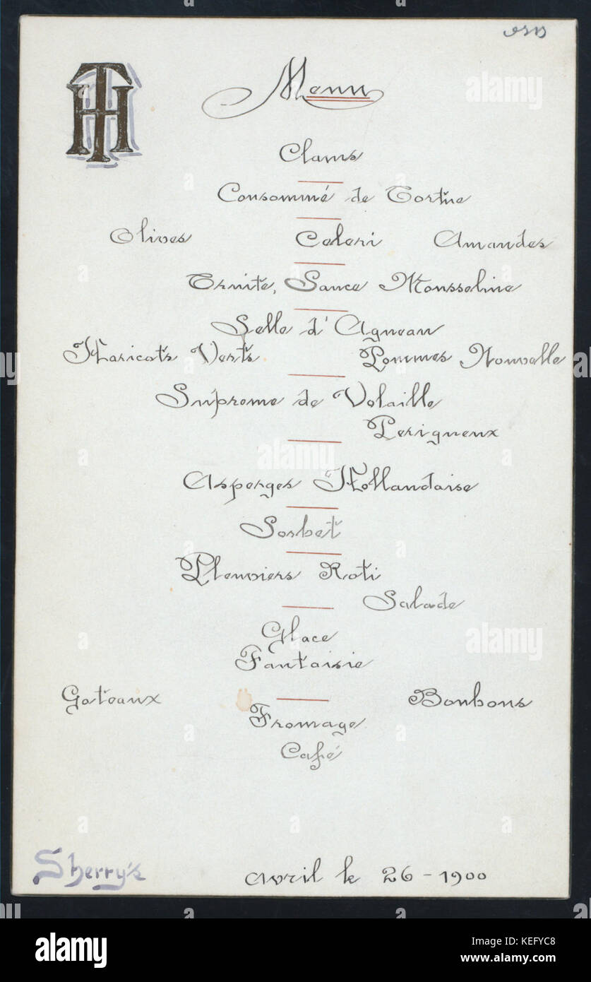 Cena di arrivederci data dal sig. THOMAS HASTINGS prima del suo matrimonio con MISS HELEN BENEDETTO) (detenute da) (sig. THOMAS HASTINGS) (a) SHERRY, NEW YORK, NY (RESTO;) (NYPL ADE 273628 467043) Foto Stock