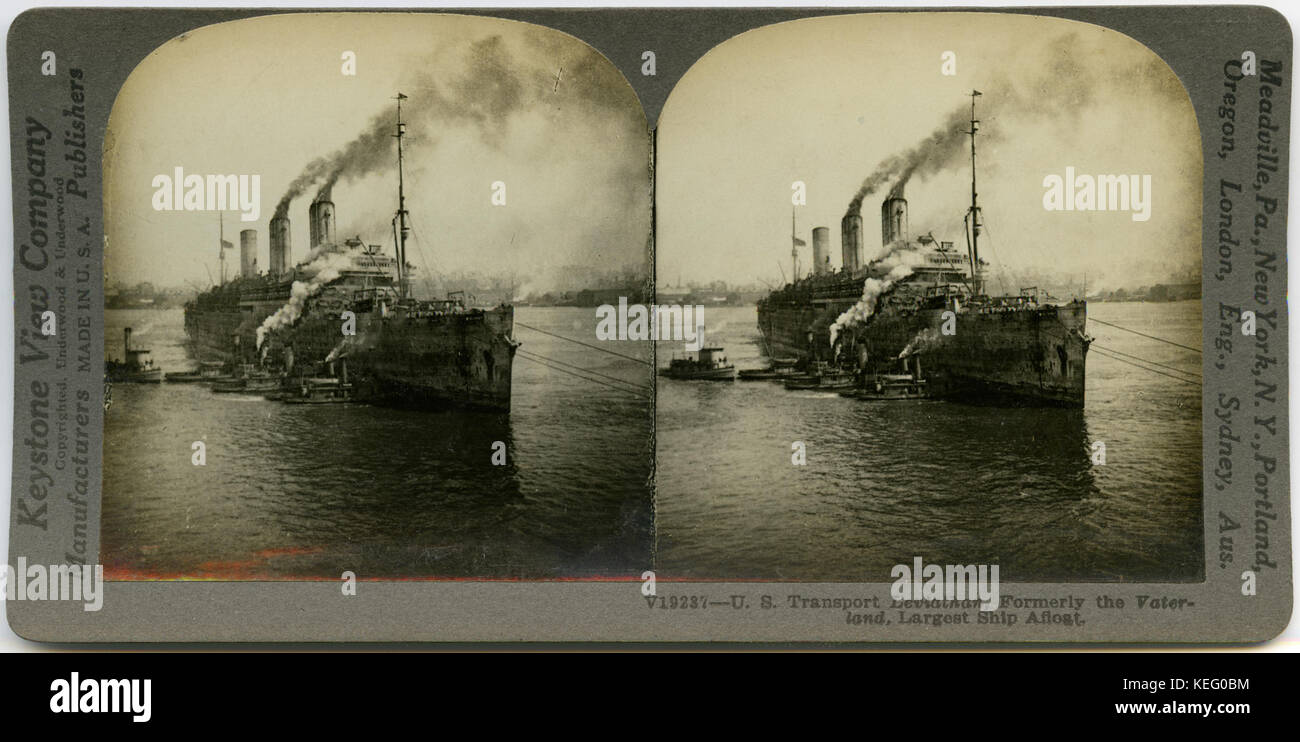 Questa immagine storica mostra il Leviathan dei trasporti degli Stati Uniti, una volta la nave più grande a galla. La nave è nota per le sue dimensioni e importanza nella storia marittima, specialmente durante le operazioni in tempo di guerra. Foto Stock