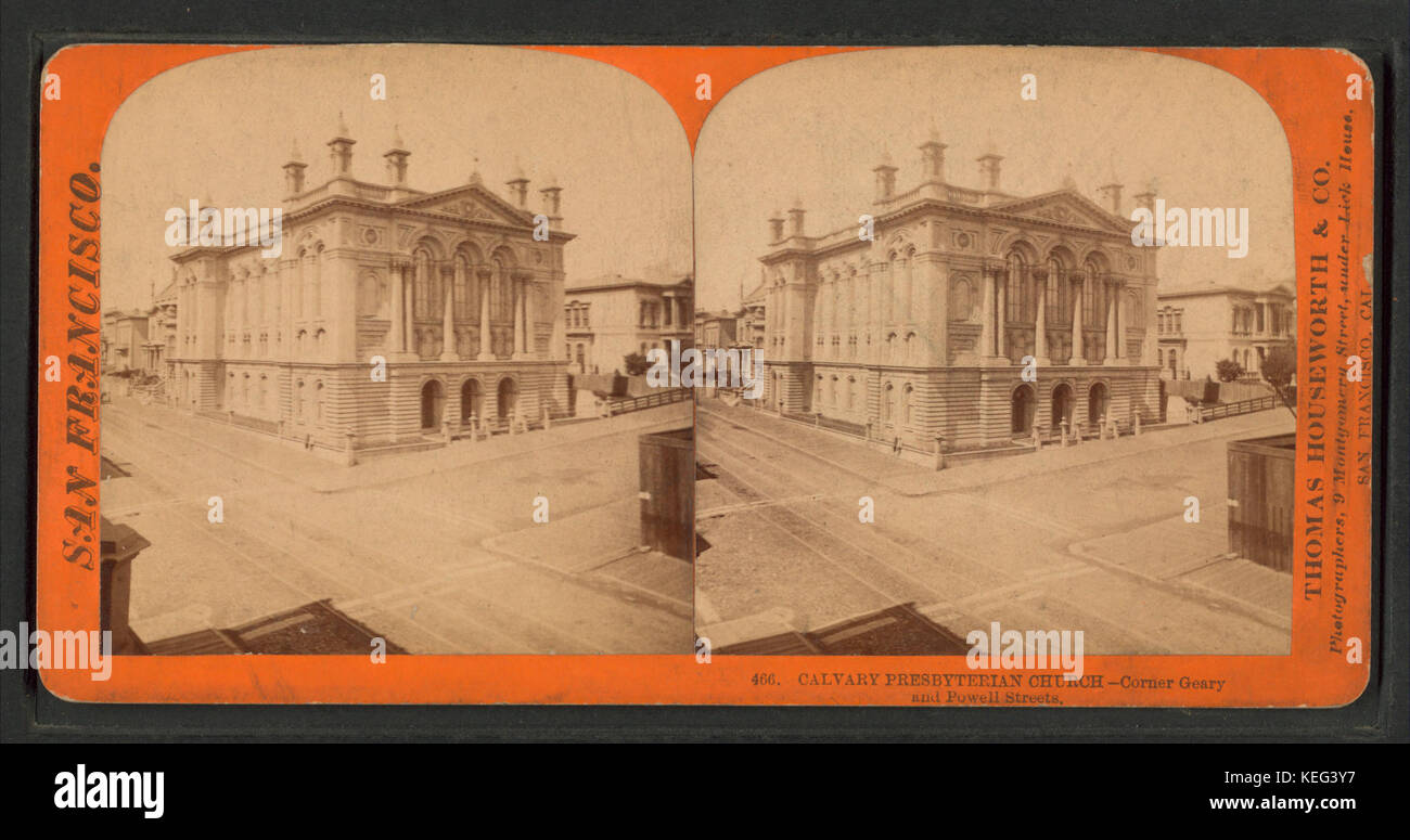 Calvario Chiesa Presbiteriana, angolo Geary e Powell strade, da Robert N. Dennis raccolta di vista stereoscopica Foto Stock