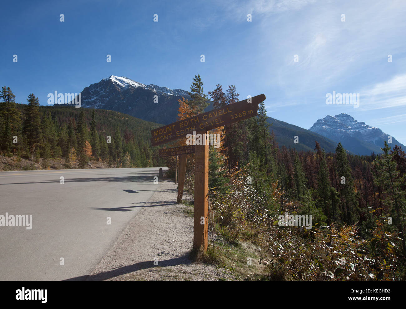 Segni di legno che mostra la direzione e la distanza di Edith Cavell mountain e athabasca pass in Jasper, Alberta Foto Stock