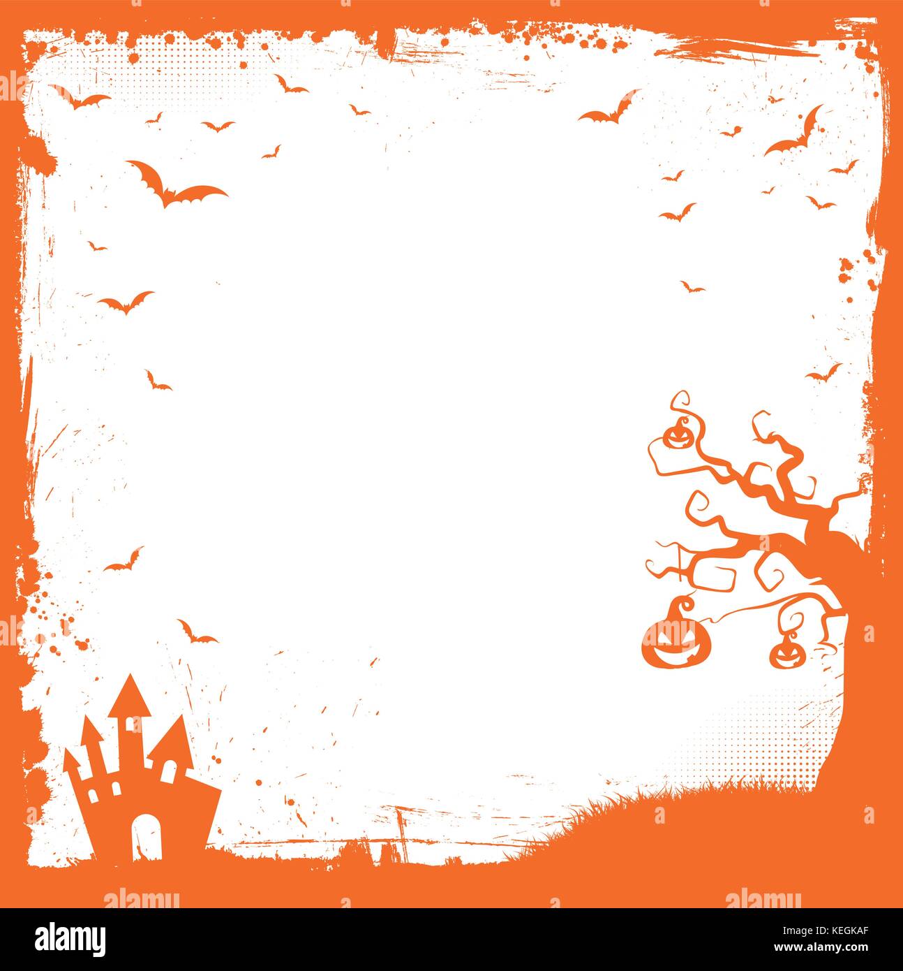 La piazza halloween modello di pagina di intestazione con la zucca, scary house e flying bat confine Illustrazione Vettoriale