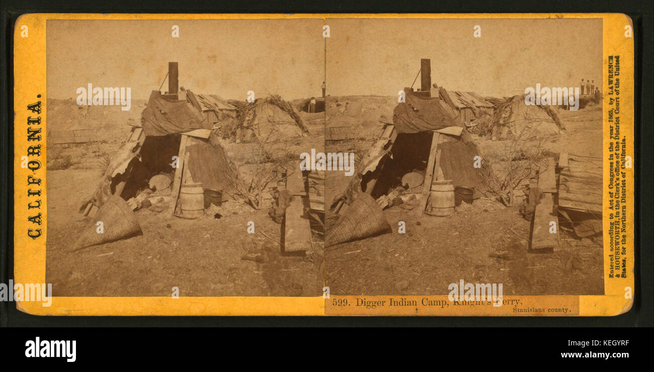 Digger Camp indiano, cavaliere del traghetto, Stanislao County. (N. 599), da Thomas Houseworth & Co. Foto Stock