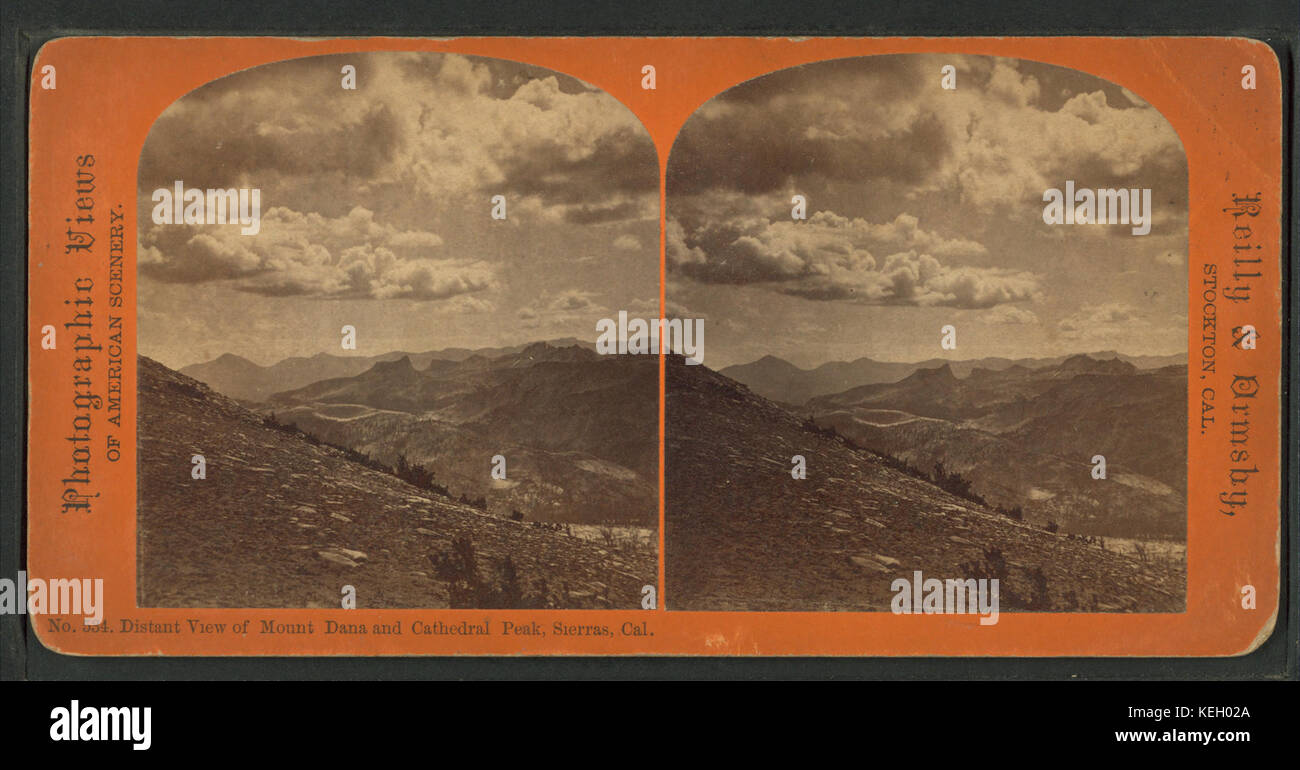 Questa opera d'arte del XIX secolo di John James Reilly cattura una vista lontana del Monte Dana e Cathedral Peak nelle montagne della Sierra Nevada, che mostrano la maestosità del paesaggio naturale della California. Foto Stock