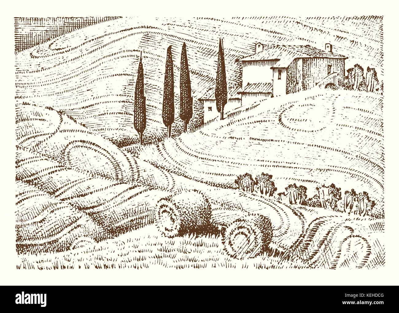 Incisi disegnati a mano nel vecchio disegno e stile vintage per etichetta. I campi di sfondo e cipressi. raccolta e haystacks. paesaggio rurale della Vigna o case rustiche. Illustrazione Vettoriale
