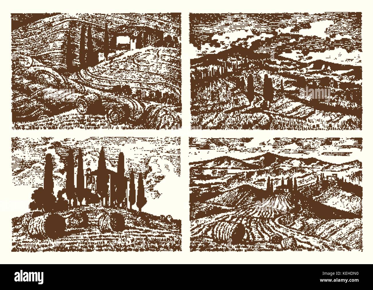 Incisi disegnati a mano nel vecchio disegno e stile vintage per etichetta. I campi di sfondo e cipressi. raccolta e haystacks. paesaggio rurale della Vigna o case rustiche. Illustrazione Vettoriale
