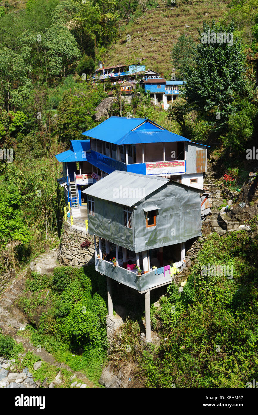 Hillside pensioni, Tikhedunga, regione di Annapurna, Nepal. Foto Stock