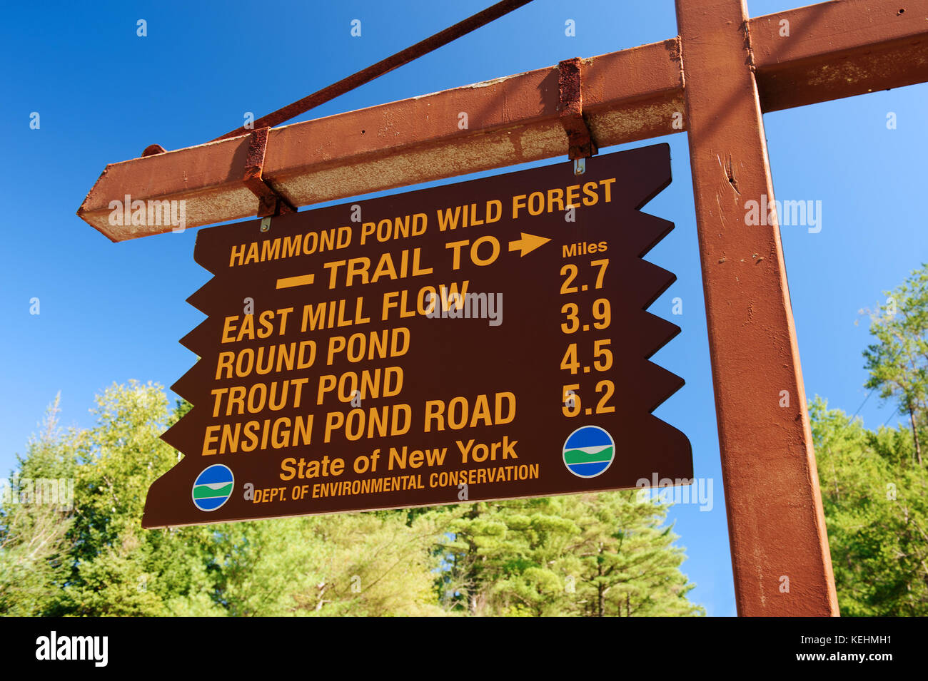 Sentiero in legno segno, Hammond Pond bosco selvatico, nello Stato di New York, Stati Uniti d'America. Foto Stock