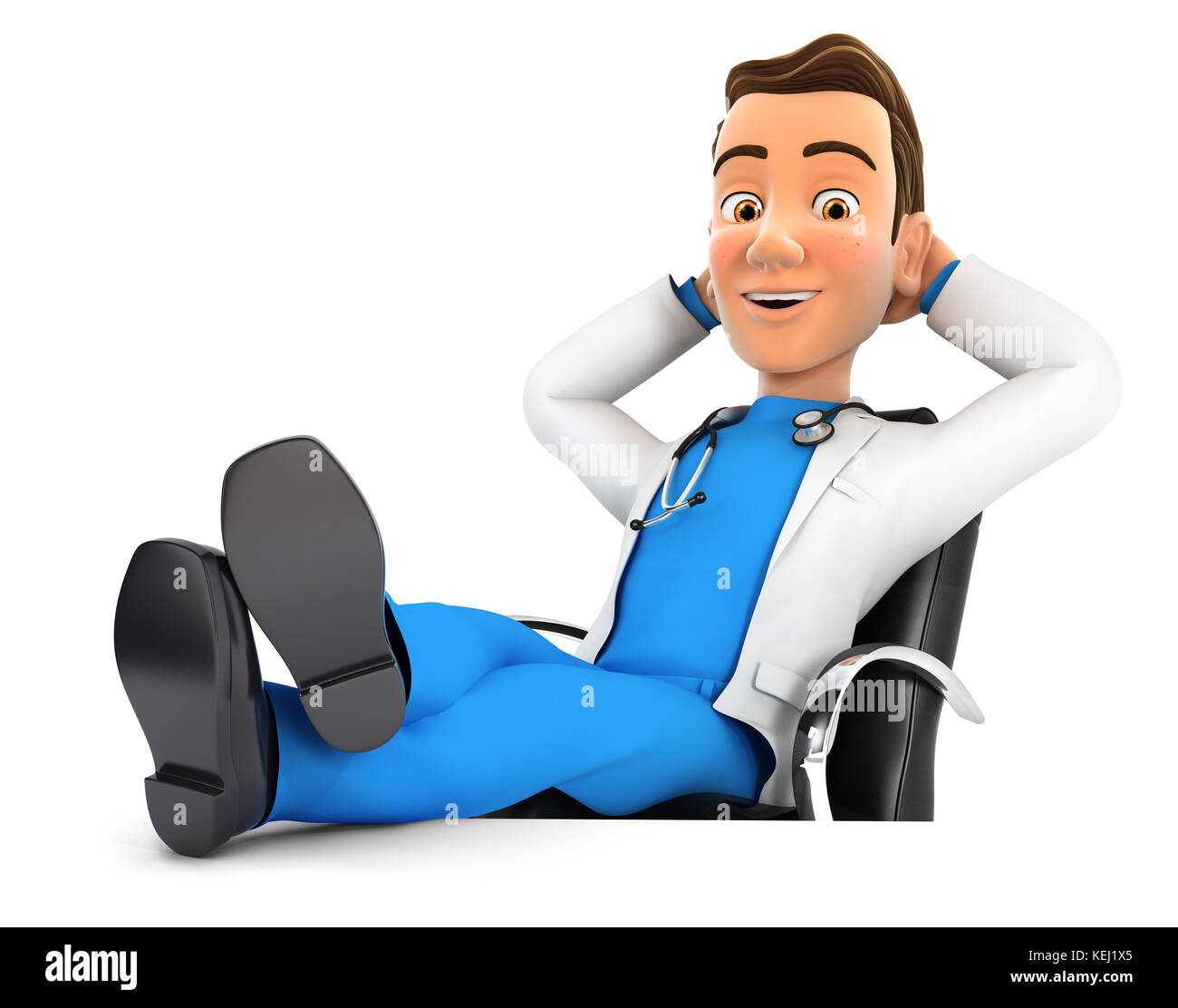 3d medico rilassante con piedi sulla sua scrivania, illustrazione isolato con sfondo bianco Foto Stock