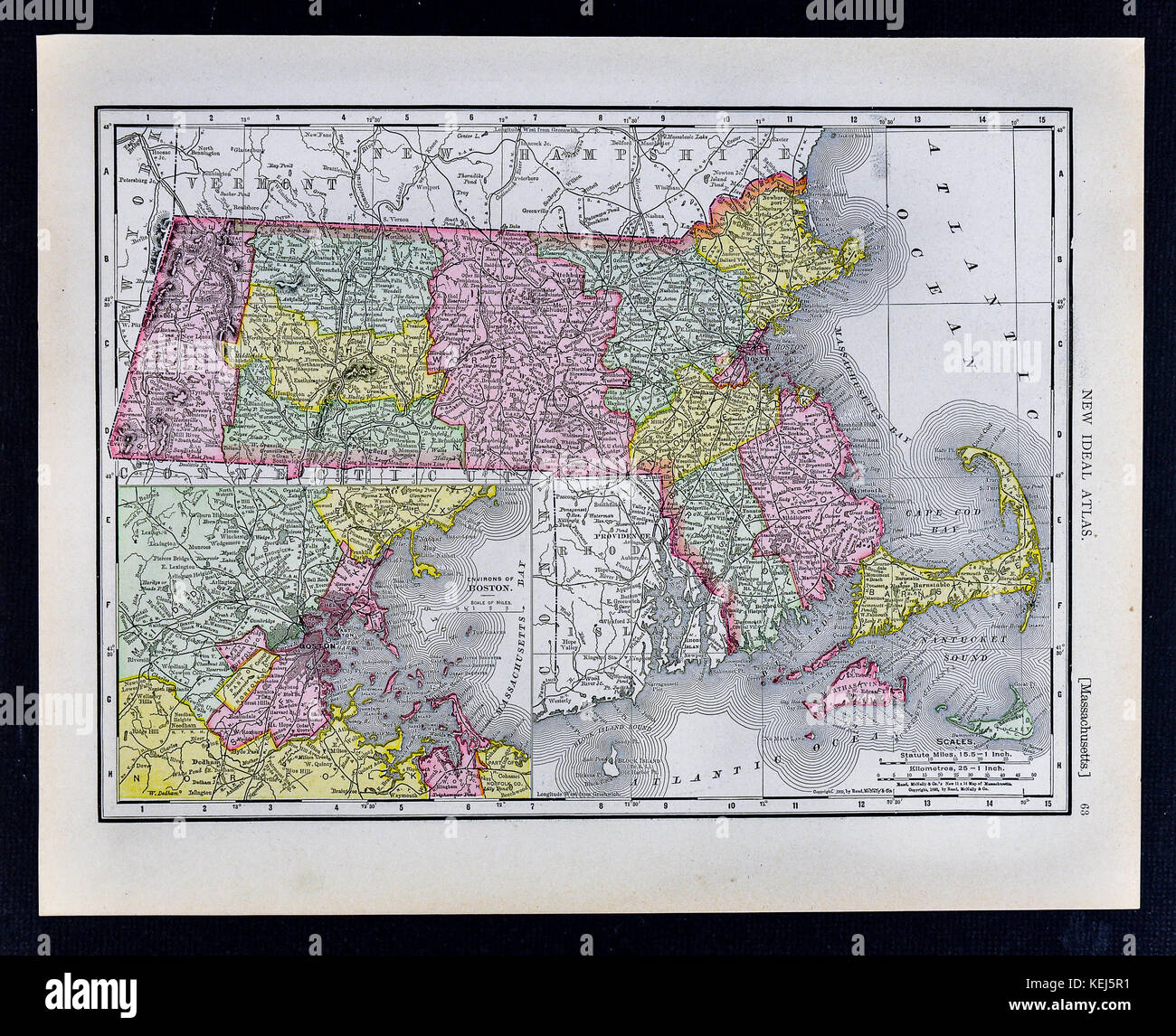 1911 mcnally - mappa dello stato del Massachusetts e piano di Boston Foto Stock