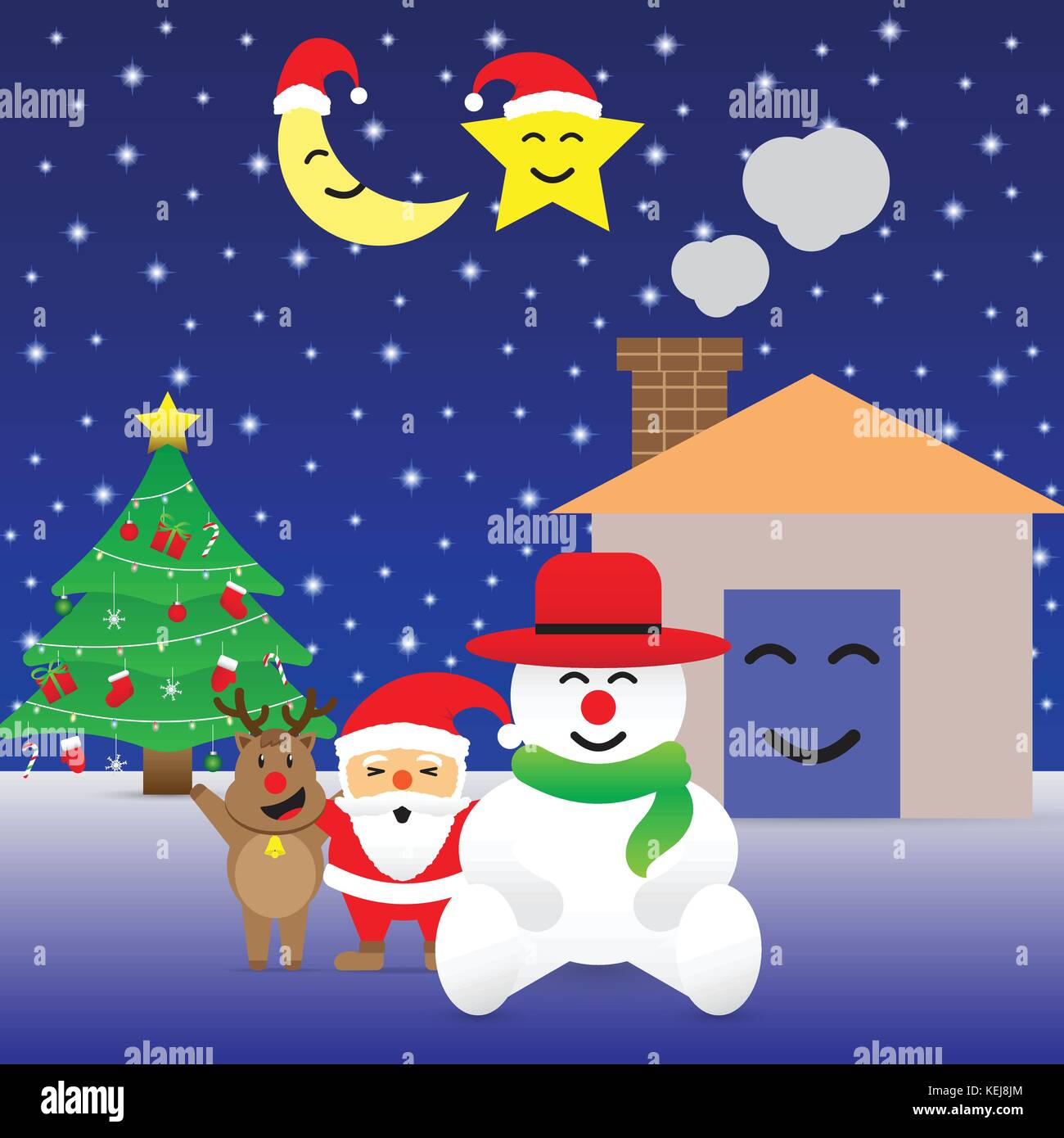 Merry Christmas Night, carino di renne, mezzaluna, stella, casa, paffuto santa claus, e paffuto pupazzo è insieme con albero di Natale decorato Illustrazione Vettoriale