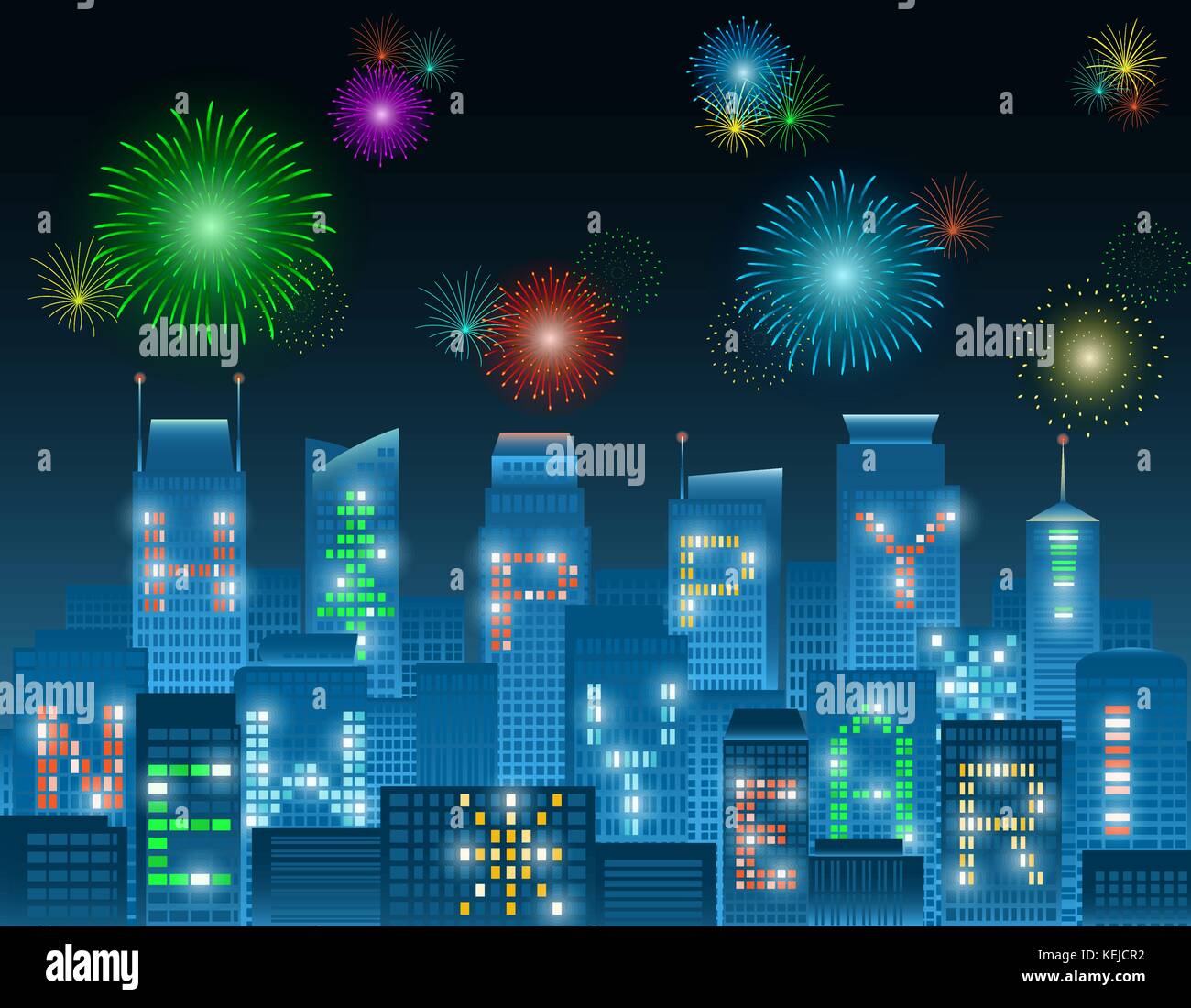 Colorato felice anno nuovo alfabeti sulle finestre illuminate di edifici alti il raggruppamento in una città di notte con colorati fuochi d'artificio in varie configurazioni Illustrazione Vettoriale