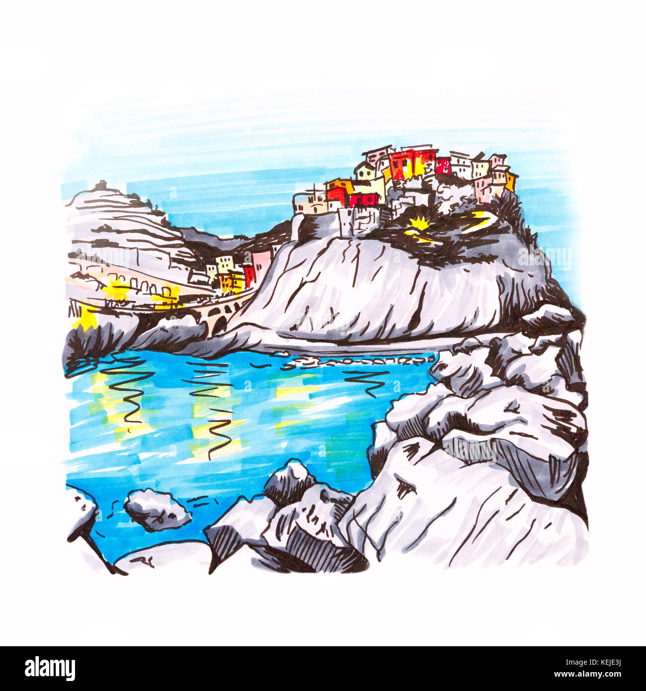 Vista pittoresca di case colorate e mare a Manarola villaggio di pescatori in cinque terre, il parco nazionale delle cinque terre, liguria. foto fatta pennarello Foto Stock