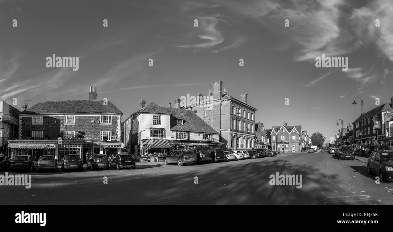 Vista panoramica del centro storico: High Street, Tenterden, Kent, sud-est Inghilterra, Regno Unito in monocromia Foto Stock