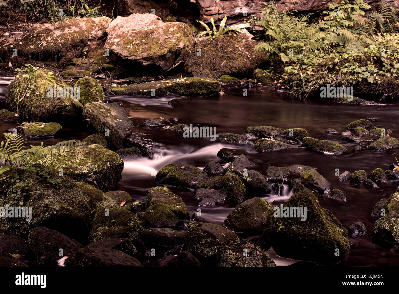 Otturatore lento del fiume attraverso Rouken Glen Park, GLASGOW, SCOZIA Foto Stock