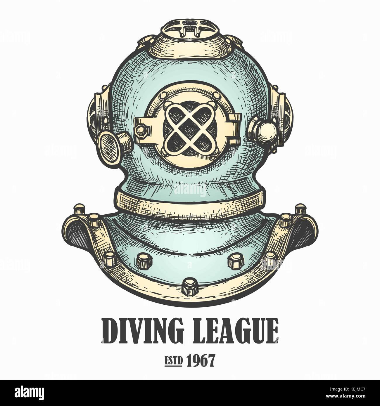 Vecchio diving casco disegnato in stile retrò. illustrazione vettoriale. Illustrazione Vettoriale