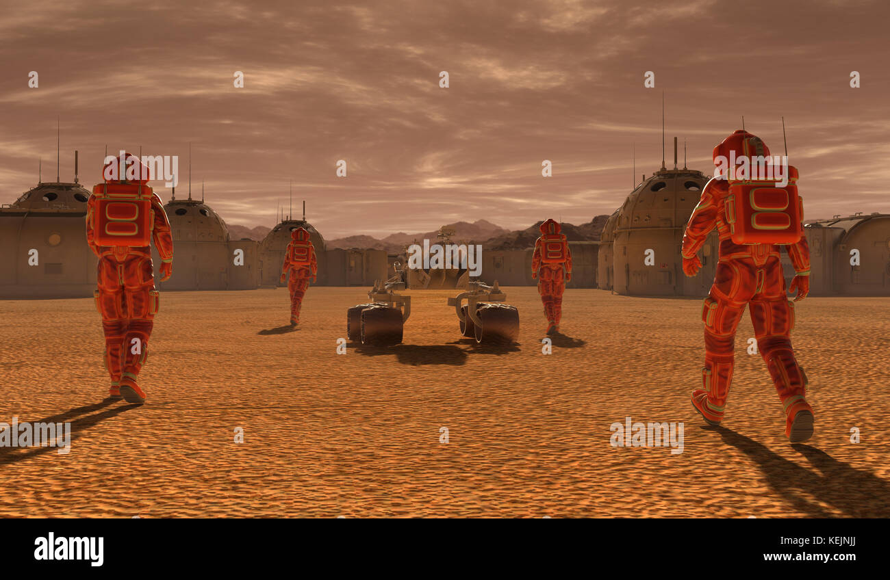 3D'illustrazione. Colonia di Marte. Spedizione sul pianeta alieno. La vita su Marte. Foto Stock